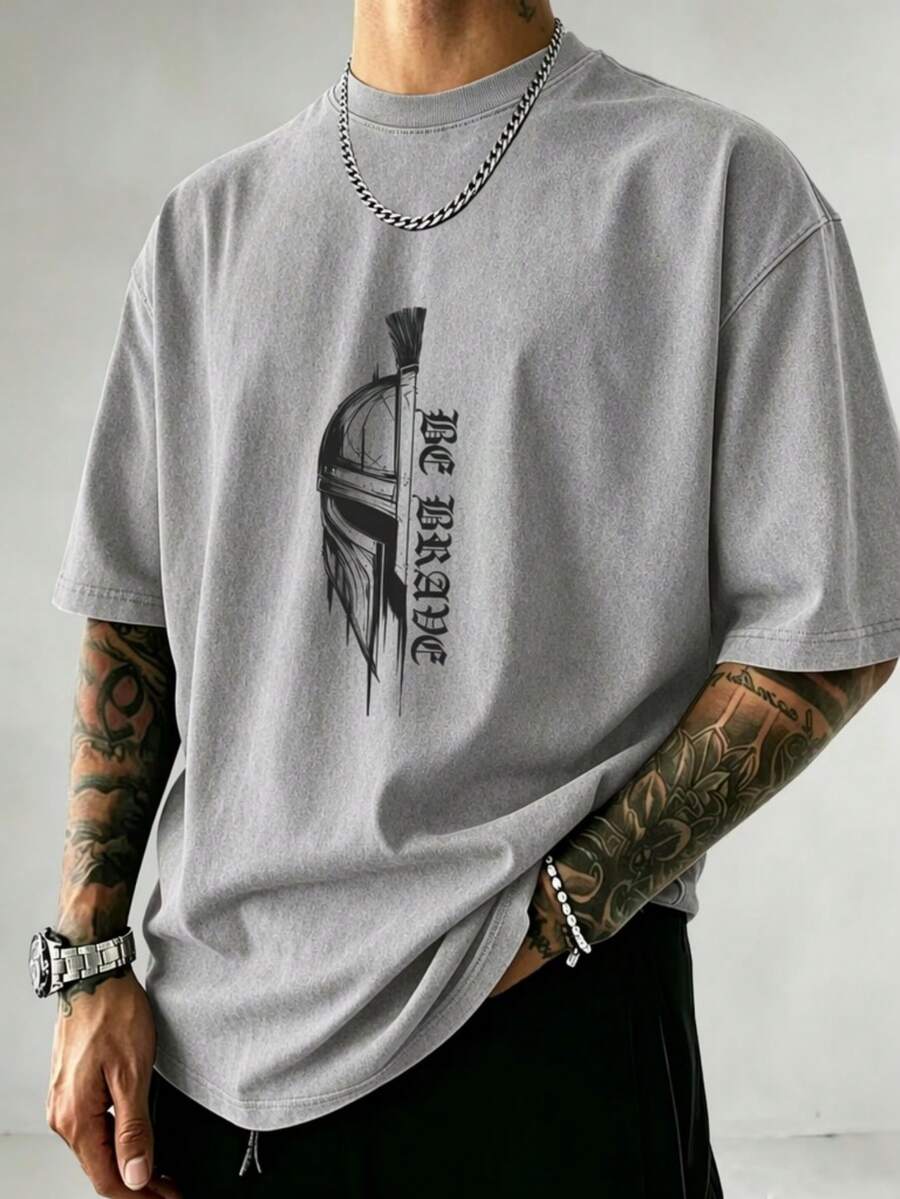 Lot de 1 t-shirt pour homme en pur coton, lavé, avec imprimé fin, idéal pour les activités de loisirs estivales - Gris pâle - Voir 1