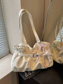 New Casual Solid Color Oxford Cloth Tote Bag, Star Pattern, Pleated Fabric Women Shoulder Bag, Aesthetic - White - View 12