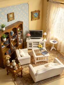 1 Set Miniature Dollhouse Living Room Fabric Decor Set In Cream White, Suitable For Luxury Dollhouse Scene Setup, Miniature Scene Photography, Collectible Figure Display, DIY Miniature House, Gentle Pastoral Living Room Decor For Girls, Birthday And Christmas Gift, Fun And One-Stop Solution To Create A Tidy, Cozy, Healing Mini Home World - Multicolor - View 5