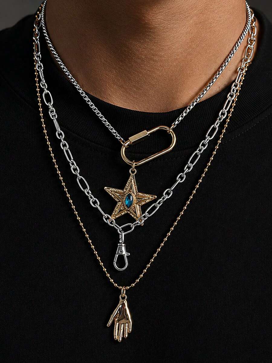 3pcs Niche Design Multi-Layer Stackable Necklace Set, Vintage Pentagram Gemstone Palm Pendant, Suitable For Daily Wear And Holiday Gifts - Color Mixing - View 1