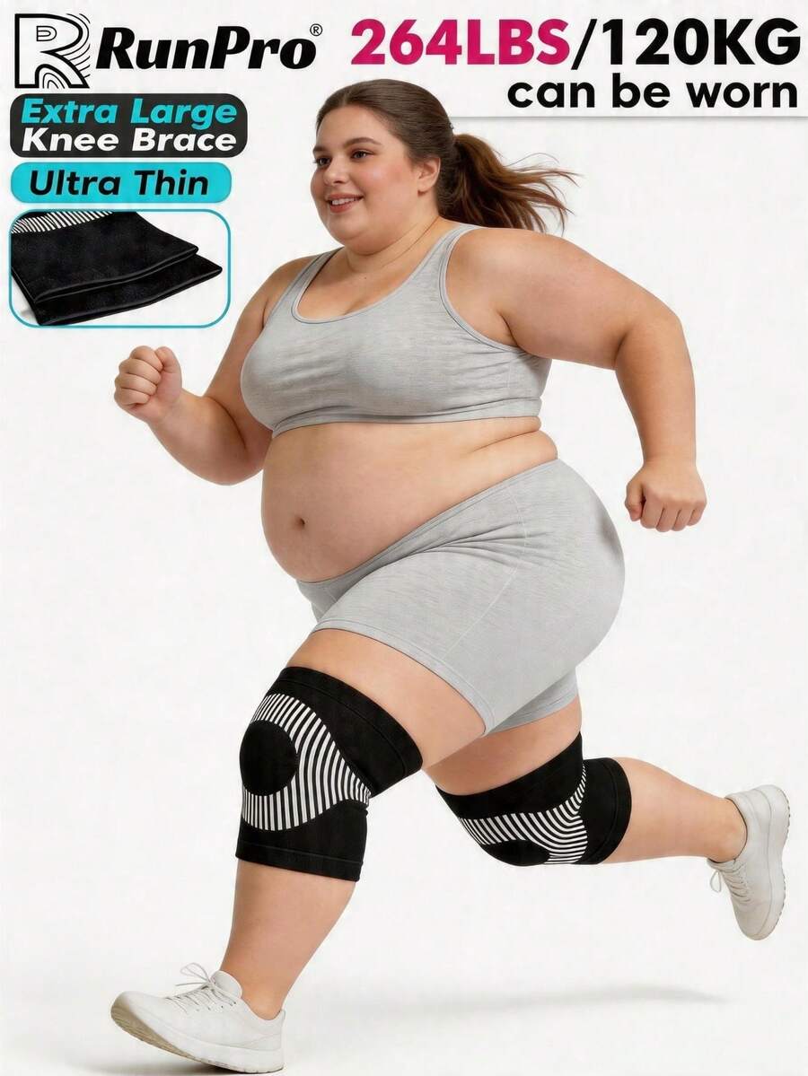 RPPR 2pcs/1 Pair Short Ultra-Thin Extra Large High Elasticity Compression Knee Pads, Plus Size Knee Sleeves, Suitable For Running, Fitness, Daily Life, Unisex Plus Size Knee Support, Black, Fits Up To 264lbs/120kg - Black - View 1