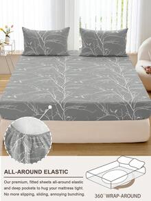 1pc Branch Print Ultra-Soft Fitted Sheet, Breathable Mattress Protector Cover, Machine Washable And Easy Care, Cute Fresh INS-Inspired Bedroom Decor For Twin, Full, Queen And King Beds, Ideal For Home, Dorm, Apartment, Guest Room Or Gifting - Multicolor - View 4