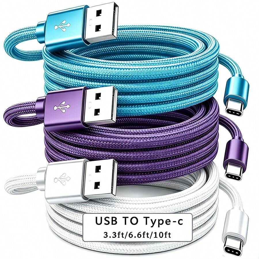 3入快充 USB-A 轉 USB-C 數據線，編織尼龍耐用手機充電線，多種長度可選 3ft 6ft 10ft，相容 及其他 Android 手機，適用於 iPhone 與 Android 設備，適用於汽車配件/旅行必需品/桌面配件/藍色