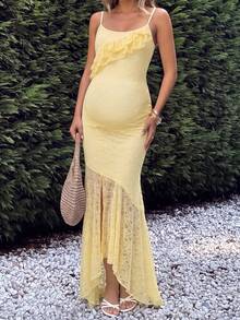 Yellow High Elasticity Lace Spaghetti Strap Asymmetrical Hem Maxi Dress For Pregnant Women, Suitable For Baby Shower, Photo Shoot And Daily Occasions - Yellow - View 9
