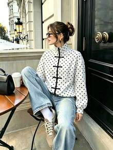 Jaket Polkadot Kancing Depan Gaya Cina Retro Elegan untuk Wanita, Jaket Kemeja Polkadot Blok Warna untuk Liburan Musim Gugur dan Musim Dingin, Cocok untuk Kembali ke Sekolah atau Liburan. - Putih - View 5