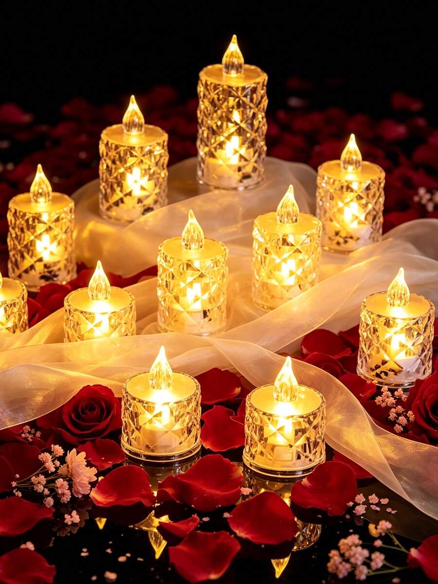 24pcs LED Electronic Candle Lights With Rose Pattern Halo Projection - Flameless, Battery Operated Mini Candles For Wedding, Valentine's Day, Halloween, Christmas And Cozy Home Decor, Wedding Atmosphere Lighting | Decorative LED Lights | Textured Surface Lights - Candle Light - View 1