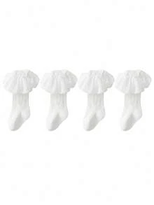 4 Pairs Girls Lace Mid-Calf Socks, Spring/Autumn Thin Cotton Seamless Baby Socks - Multicolor - View 3