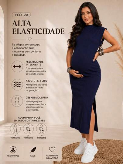 Vestido longo elegante de malha canelada para gestantes, sem mangas e com alta elasticidade.