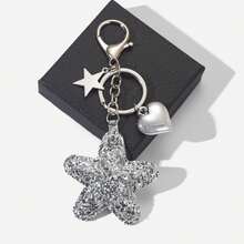 1 Set 2pcs Unisex New Solid Color Five-Point Star Keychain PU Padded Star Pendant Minimalist Heart Accessory Couple Gift Bag Charm - Multicolor - View 3