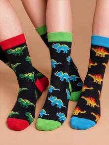 3/6 Pairs Unisex Dinosaur Series Mid-Calf Socks, Fun & Unique Street Style Colorblock Design, Soft & Comfortable For Daily Wear - Multicolor - View 2
