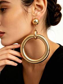 1 Pair Women's Vintage European & American Style Warm Gold Smooth Round Bead Stud Earrings With Thick Tube Giant Hollow Large Round Hoop Drop Earrings, Chunky Two-Section Circular Geometric Oversized Open Hoop Earrings, Suitable For Party, Vacation, Banquet Wear - Yellow Gold - View 2