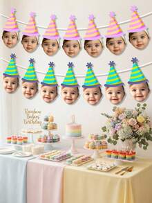Custom Baby Face Birthday Banner,Rainbow Stripe Party Hat Garland,Milestone Birthday Photograph Backdrop,First Birthday Party,Family Gift,Baby Shower - Multicolor - View 4