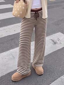 Women's Bohemian Striped Knit Straight Leg Pants - Brown - View 3
