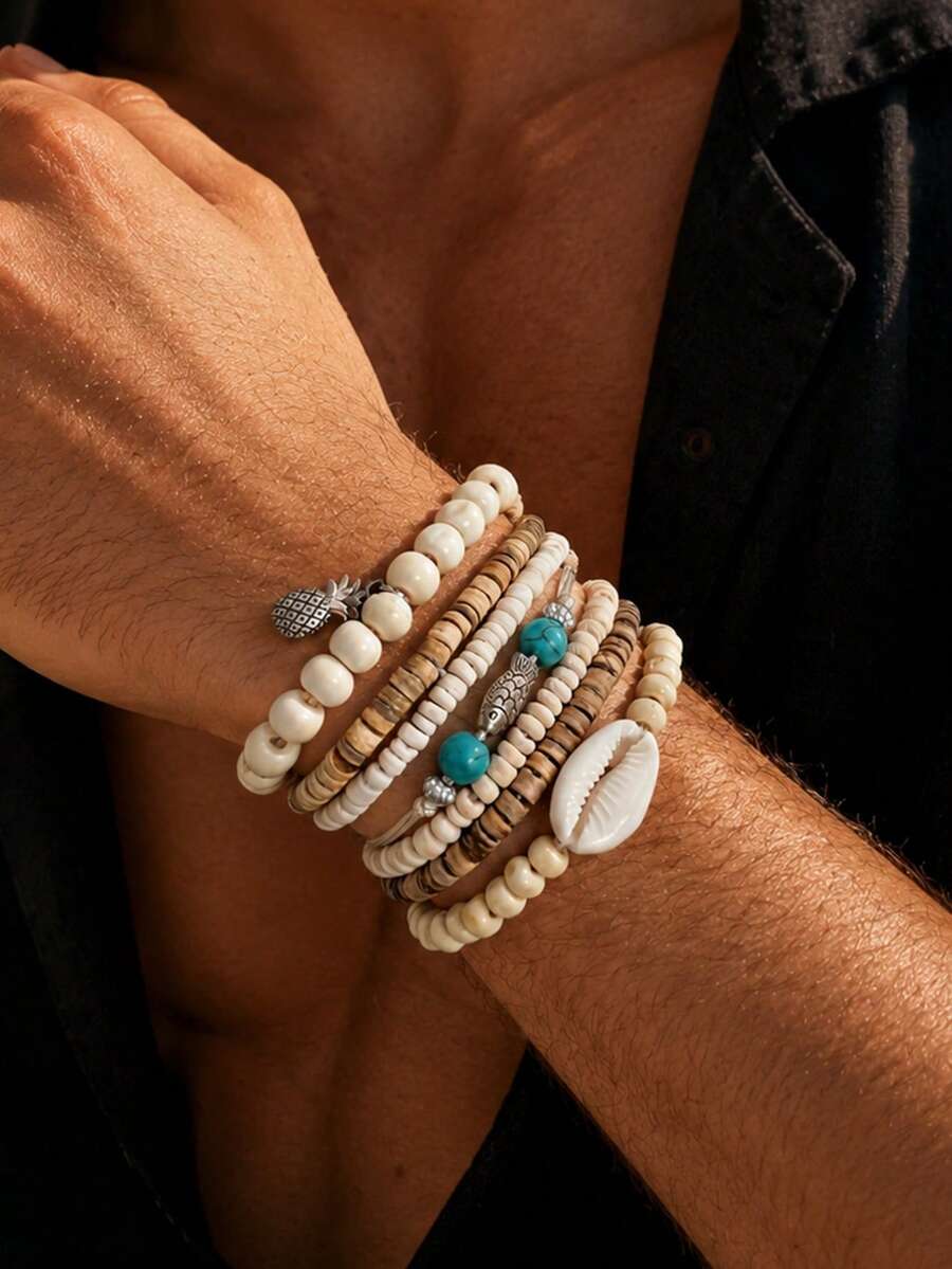 7pcs/Set Bohemian Coconut Shell & Shell Beaded Bracelets, Turquoise Fish & Pineapple Pendant Layered Bracelets, Men's Beach Vacation Jewelry - White - View 1