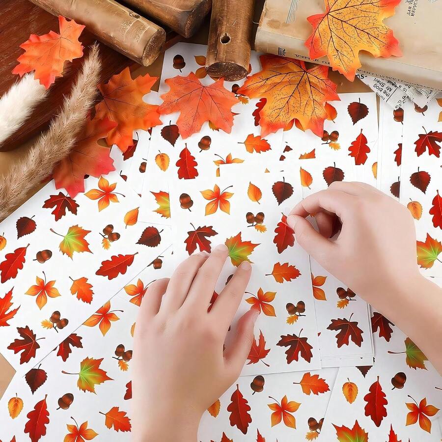 180pcs/10 Sheets Thanksgiving Autumn Fallen Leaves Self-Adhesive Stickers, Maple Leaf Stickers Autumn Theme Party Decals DIY Decoration, Suitable For Thanksgiving Party, Gift Bag Decoration, Scrapbooking, Gift Labels, Envelope Labels Decoration - Multiple Styles - View 1
