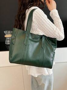 A New Diamond Pattern Bowling Bag, Zipper Closure, Made Of Solid Color PU Material. This Is A Large Capacity Handbag, Perfect For Autumn/Winter Use, With A Fashionable Texture. Can Be Carried As A Shoulder Bag, With A Vintage Style, Very Suitable For Commuting To Work, Students Can Also Use It For Classes. Very Suitable For Women's Daily Use - Green - View 3