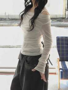 Korean Style Minimalist Draped Pleated Off-Shoulder Waist-Cinched Versatile Long Sleeve T-Shirt Casual - White - View 11