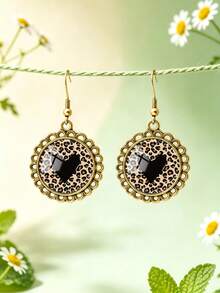 1 Pair Sexy Leopard Print Heart Pattern With Round Hollow Lace Earrings Suitable For Women's Daily Wear - Gold - View 1
