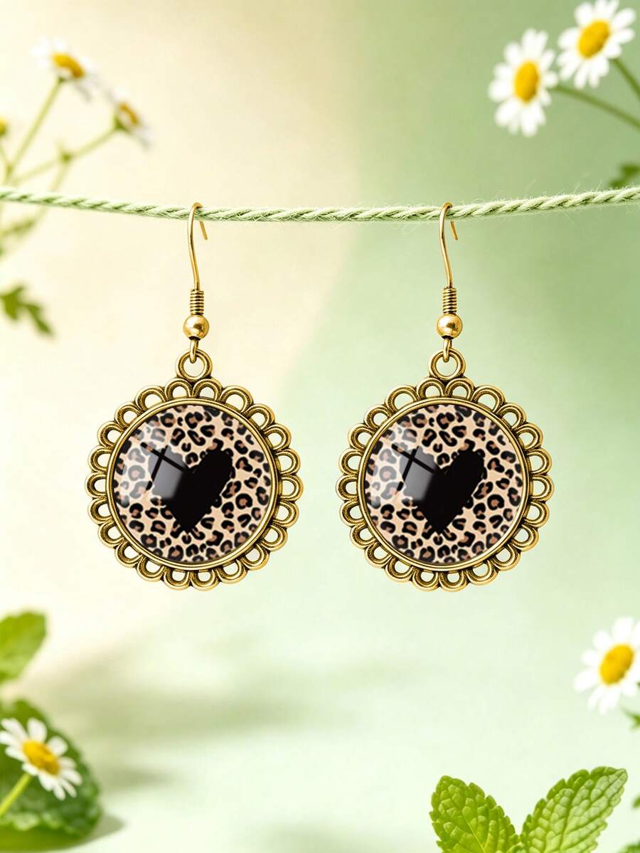 1 Pair Sexy Leopard Print Heart Pattern With Round Hollow Lace Earrings Suitable For Women's Daily Wear - Gold - View 1