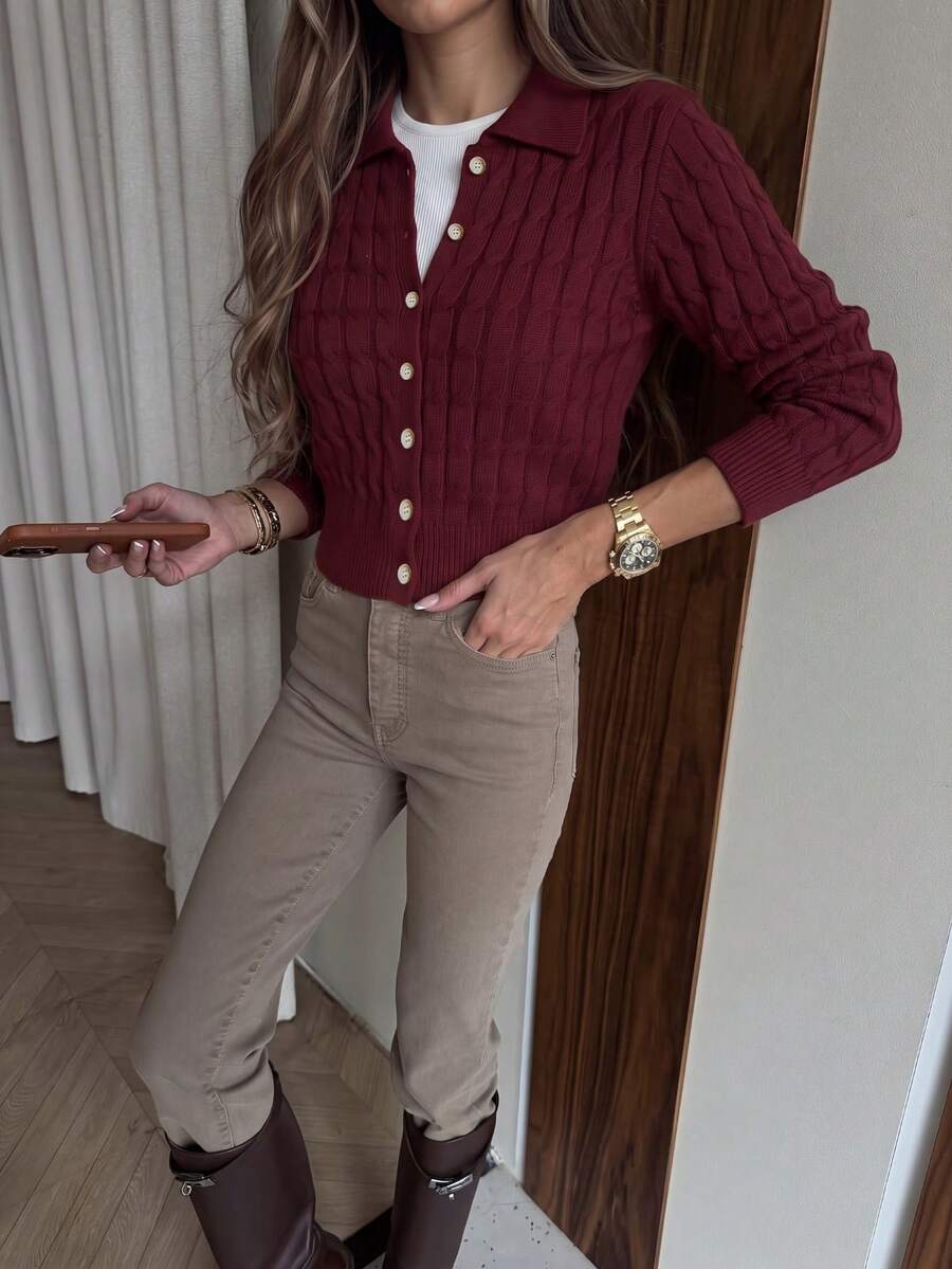 FOR BEAUTY Fall Winter French Chic Burgundy Cable Knit Lapel Collar Button Down Slim Fit Cardigan Sweater Tops Outerwear Women Work Outfits - Angolan Red - View 1