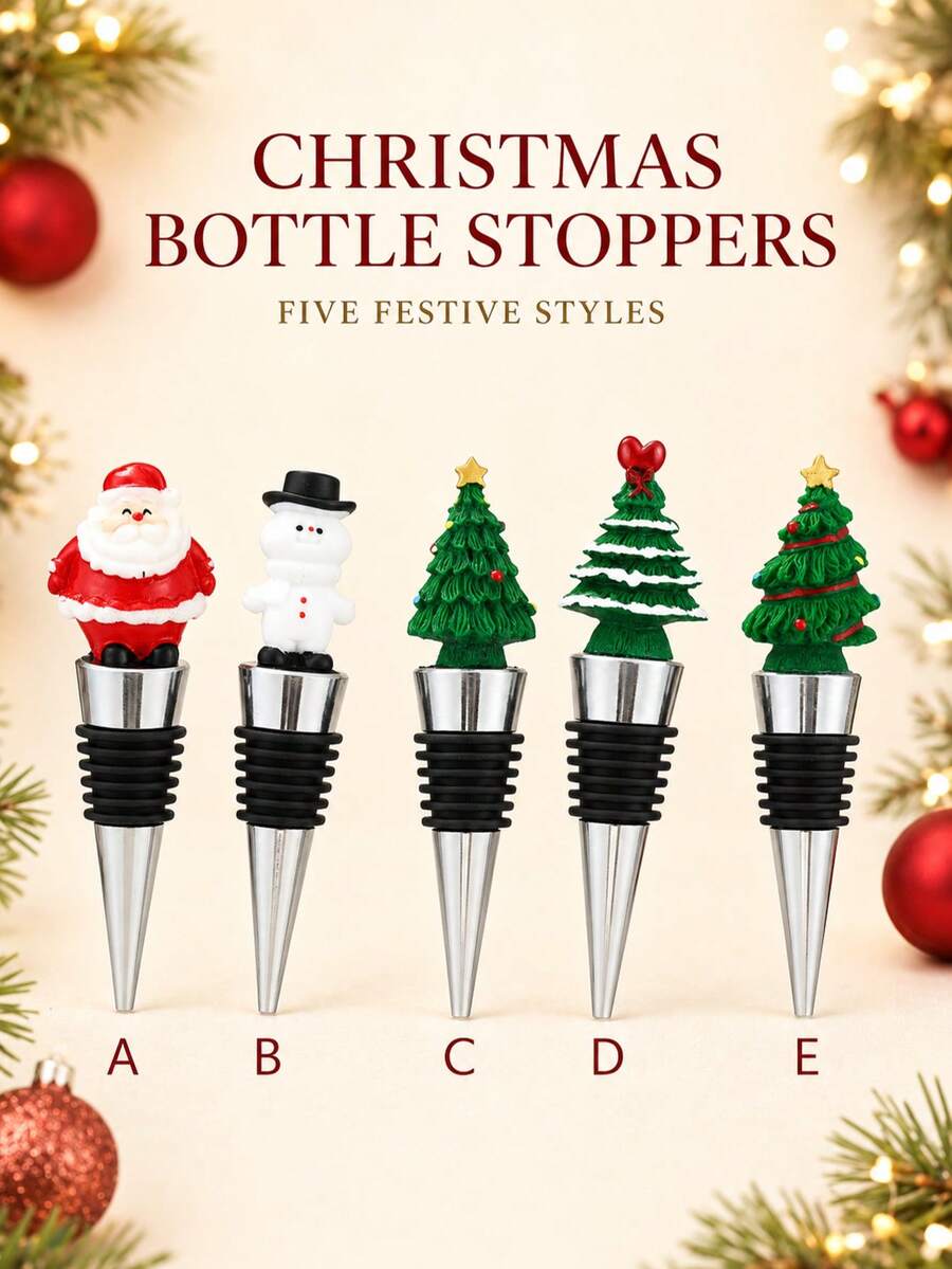 5pcs Christmas Wine Bottle Stopper Santa Snowman Tree Sealer For Holiday Dinners - Multicolor - View 1