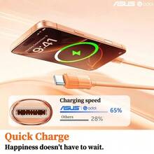 ASUS Adol 100W USB-C 轉 USB-C 快充數據線,4層散熱編織線,低溫防過熱充電線,多色可選,相容 iPhone 17 Pro Max 16 15 系列與 Type C 設備 - 橘色 - 查看 8