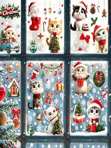57pcs/9sheets Christmas Window Glass Stickers, Reusable And Detachable Cat Animal Christmas Tree Window Stickers Double-Sided Printing Window Stickers, Windows, Glass Doors, Living Rooms, Home Party Supplies, Holiday Parties, Festival Party And Display Cabinet Decoration - A - View 8