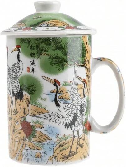 Set Tè in Porcellana con Paesaggio Cinese, Teiera e Tazza con Infusore e Coperchio, Motivo Tradizionale Uccello della Longevità, Stoviglie Orientali, Ideale come Regalo per Amanti del Tè