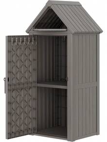 Vertical Waterproof Resin Outdoor Storage Cabinet Deck Box Shed With Removable Shelves, 12 Side Hooks & Lock Ring, Outdoor Storage Organizer For Garden Patio Pool Backyard, Grey - Grey - View 9
