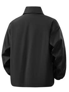 1pc Men's Black Lapel Jacket, Smooth Woven Fabric, Dirt-Resistant And Wrinkle-Resistant, Loose Drop Shoulder Fit, Solid Color Minimalist Casual Style, Suitable For Campus, Commute, Street, Couple Daily Wear - Black - View 6