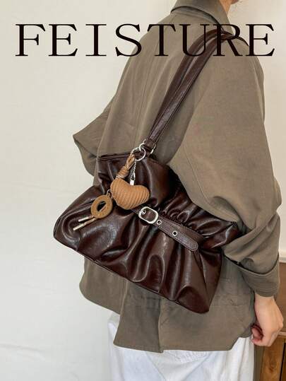FEISTURE 1 Stück, neue Vintage-Schultertasche mit Falten für Herbst/Winter, Riemendekor, große Kapazität, geeignet für Mädchen, Frauen, Studentinnen, Berufseinsteigerinnen und Büroangestellte, perfekt für Arbeit, Geschäft, Pendeln, Schule