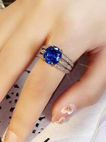 1 buah Cincin Wanita Bertema Kubik Zirkonia, Cocok untuk Pernikahan, Pertunangan, dan Hadiah Hari Valentine - Kuning keemasan + biru tua - View 7