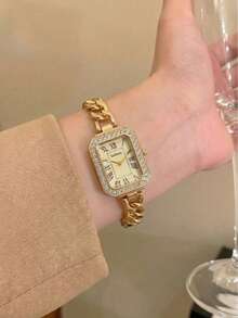復古羅馬數字水鑽方形錶盤女款手錶，粗金鋼鍊錶帶奢華腕錶，Ins小眾優雅方形石英錶，通勤約會百搭高端女士裝飾手錶禮品配件，溫柔優雅日常通勤腕錶，女孩假期平價禮物石英錶 1件/套 - 金色 - 查看 2