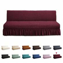1Pc Stretch Sofa Bed Cover With Ruffled Skirt, Elastic One-Piece Slipcover, Soft Polyester-Spandex Fabric, Machine Washable Furniture Protector For Living Room&Guest Bed - Burgundy - View 8
