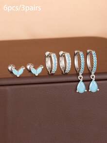 Juego de 6 piezas de pendientes de botón con colgante de gota de agua de circonita, estilo lujo ligero, chapados en oro de 18K, acero inoxidable azul, joyería estética para perforaciones, regalo para mujer - Azul pino plateado-6 piezas - Ver 5