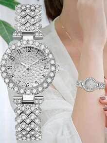 This 2-Piece Set Elegant Rhinestone Watch Is A Fashionable, Minimalist, And Luxurious Full Rhinestone Women's Quartz Watch, Paired With A Heart-Shaped Diamond Bracelet Set, Suitable For Holidays, Parties, Weddings, Gatherings And Daily Wear, Making It The Perfect Gift For Women. - Silver - View 2