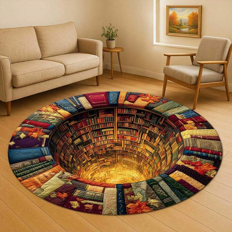 Library Books Round Rug 3D Optical Illusion Reading Room Carpet Readers - White - View 1