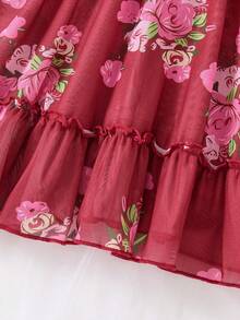 2pcs Sexy Lingerie Sleepwear Set, Includes Matching Thong, Exquisite Ruffle Hem, Vibrant Floral Pattern - Burgundy - View 4