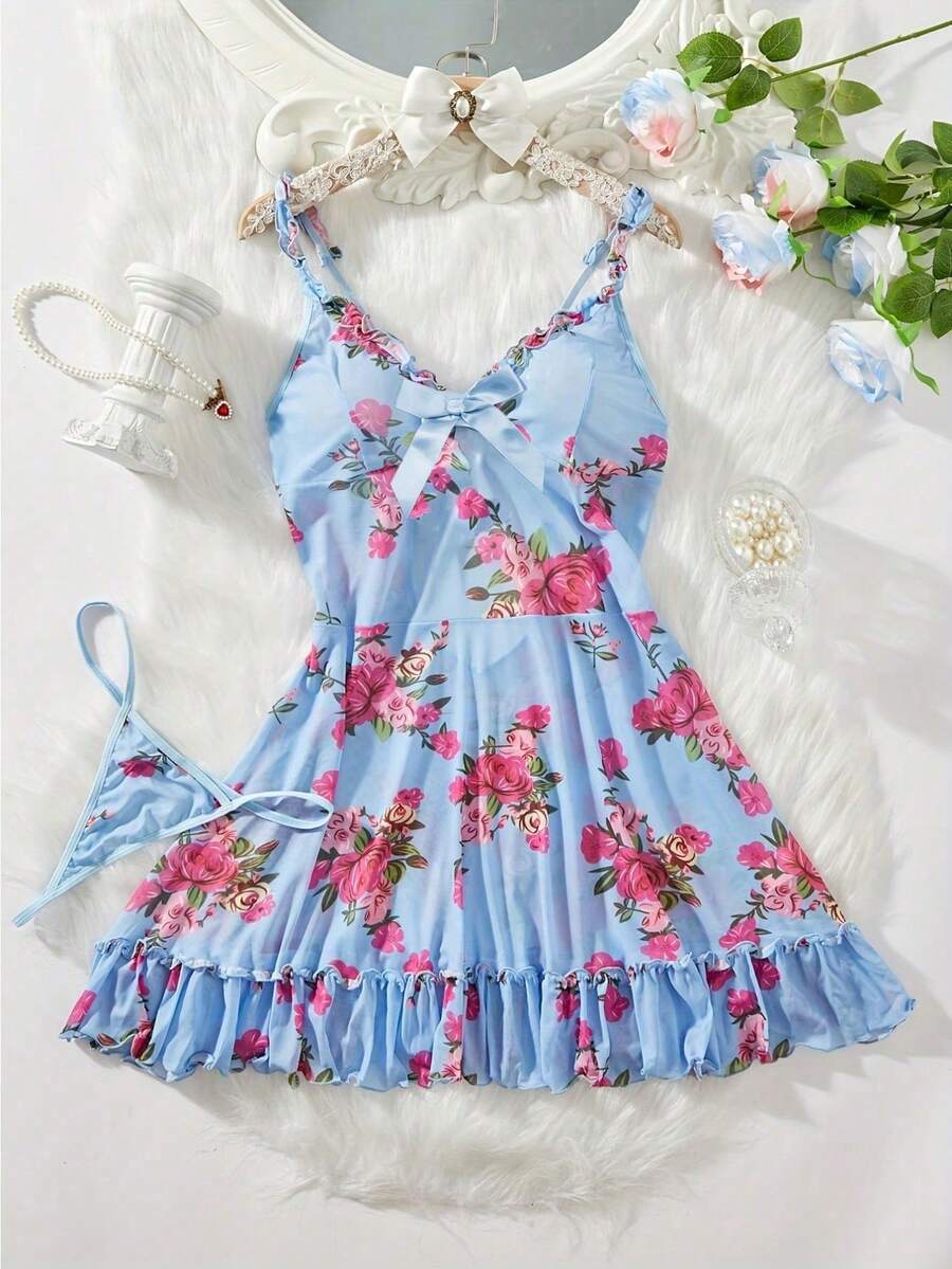 2 Pieces Sexy Lingerie & Sleepwear Set, Complete 2 Pieces Set With Matching Thong, Delicate Ruffle Hem, Eye-Catching Floral Pattern - Blue - View 1