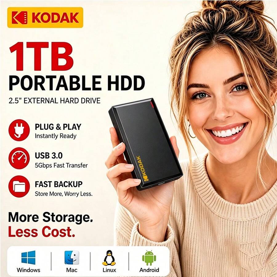 Kodak Hard Drive 1TB/500GB HDD 5Gbps 2.5 Inch Portable Hard Disk 5400 RPM External USB3.0 Storage Disk Compatible With PC Mac Desktop Laptops