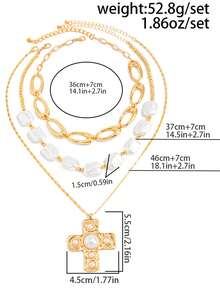 3pcs/Set Asymmetrical CCB Pearl Cross Pendant Necklace, Vintage Unique Clavicle Chain Necklace Suitable For Daily Wear And Party - Multicolor - View 4