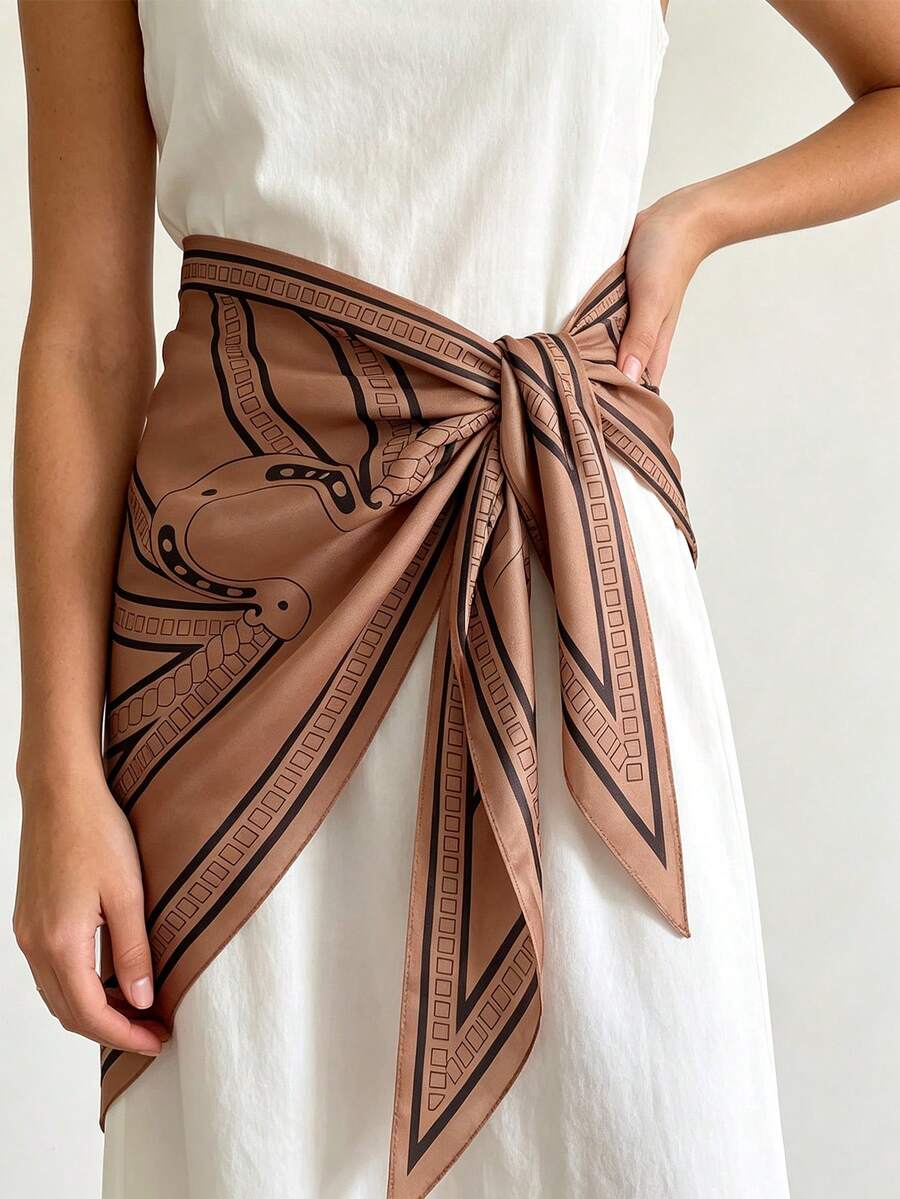 1pc 88*136*64cm Coffee Base Classic Chain Graphic Triangle Scarf, Thin Imitation Silk, Multi-Way Wrap For Shawl Neck Waist, All Seasons Casual Wear - Multicolor - View 1