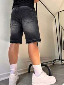 牛仔短褲 百慕達短褲 毛邊下擺 寬鬆寬腿 中長褲 夏季 Y2K 街頭風 休閒百搭 時尚牛仔褲 - 黑色 - 查看 3