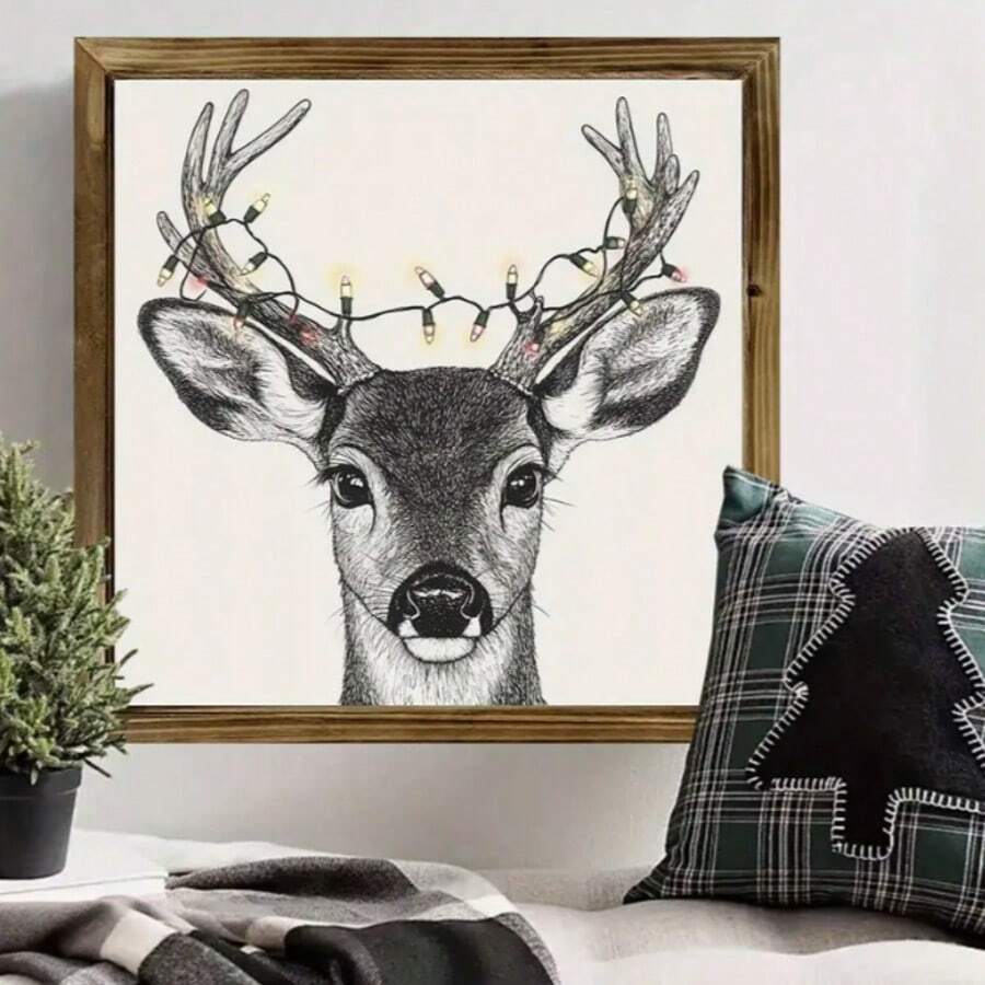 1pc, Rustic Minimalist Style Winter Christmas Reindeer Wooden Hanging Sign, 8x8 Inches, For Home Office, Farmhouse Desktop Decor Sign And Plaque, Christmas Decoration, 2D - Wooden Ornaments - View 1