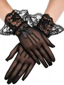1 Pair Women's Short Fishnet Gloves, Ruffle Lace Cuff With Bow Decor, Party Evening Dress Accessory - Black - View 3