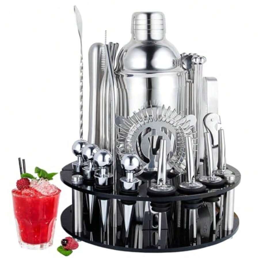 Cocktail Bar Set Kit 30 Piezas Utensilios, Coctelera Kit Bartender, Juego de Coctelera de Cóctel de Acero Inoxidable 750ml, Set de Coctelería con Soporte de Acrílico, con Soporte Uso Bar, Fiesta - Ver 1