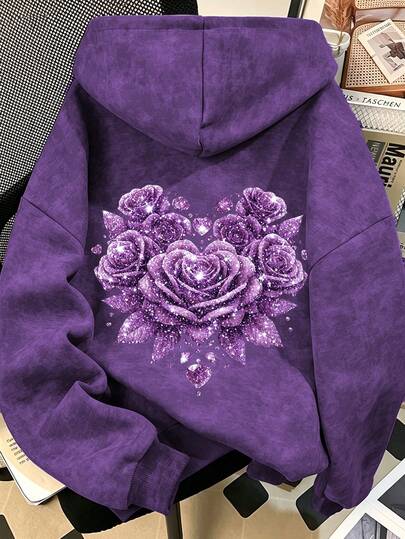 Plus Size Women's Thin Washed Hooded Sweatshirt With Rose Print, Casual Fashion Sweatshirt With Pockets, Autumn/Winter Sweatshirt, Comfortable Patterned Top, Versatile Sweatshirt For School/Sports/Outdoor Activities, Daily Wear