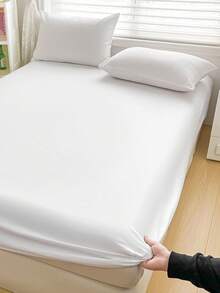 1pc White Solid Color Thick Brushed Microfiber Fitted Sheet Soft Mattress Cover - White - View 1