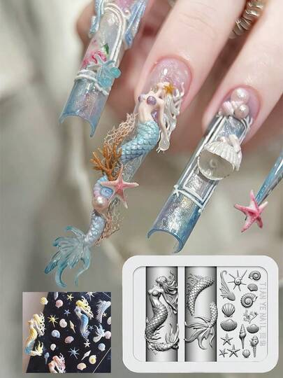 Moule d'art d'ongles thème océan 3D | Queue de sirène, coquillage, hippocampe, méduse, design d'algues, créez un art d'ongles en relief époustouflant, convient pour une utilisation professionnelle en salon de manucure | Vacances à la plage, fête d'été