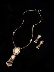 3pcs Copper Plated 18K Champagne Gold Floral Carved Tassel Y-Shaped Long Necklace And Earrings Jewelry Set, French Luxury Gold Jewelry For Women, Long Necklace And Long Earrings, French Romantic Elegant Fashion Dubai Style Wedding Gold Jewelry, Suitable For Bride, Wedding, Valentine's Day, Anniversary, Party, Daily Casual, Vacation, Blessing Gift For Women Jewelry Set - Champagne - View 2